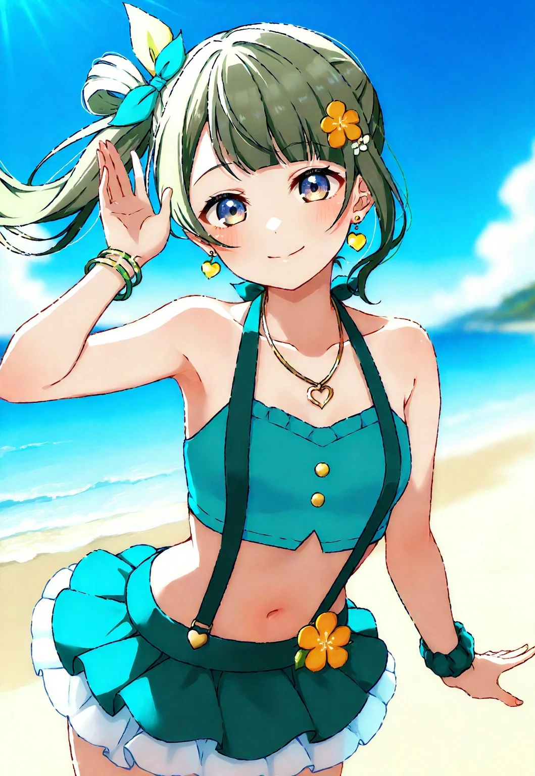 volumetric lighting, ambient occlusion, luminescent background, masterpiece, very awa, , blurry background, outdoors, beach, blue sky, sunlight, summer,pastel colors, warm colored
BREAK
dynamic pose, looking at viewer, blurry background, absurdres, masterpeice, best quality, very aesthetic,closed mouth, smile, , looking at viewer, hand up, armpits, wide shot, outstretched hand,
BREAK
lovelive_kotori, grayish brown hair, green hair bow, bangs, one side up, long hair, brown eyes,earrings, heart-shaped earrings, necklace, yellow heart necklace, crop top, green crop top with yellow heart, halter neck top, suspenders, mint green suspenders, bracelet, green wristband, shorts, mint green shorts, skirt overlay, yellow and orange frilly skirt, layered tulle skirt, floral hair accessory, orange flower hairpin, green ribbon hair tie, mini skirt, tiny skirt, swimsuit