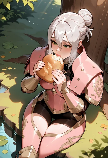 masterpiece, best quality, detailed background, 8k, detailed face, beautiful eyes
mature,
<lora:thiccwithaq-artist-richy-v1_ixl:1>,
BREAK,
EffieFE, green eyes, silver hair, ponytail, 1girl, pink armor, lips, thigh gap, hip armor, sitting cross-legged, eating bread, crumbs, under tree, from above, sunlight through leaves, shadow, pond, lillypad in pons