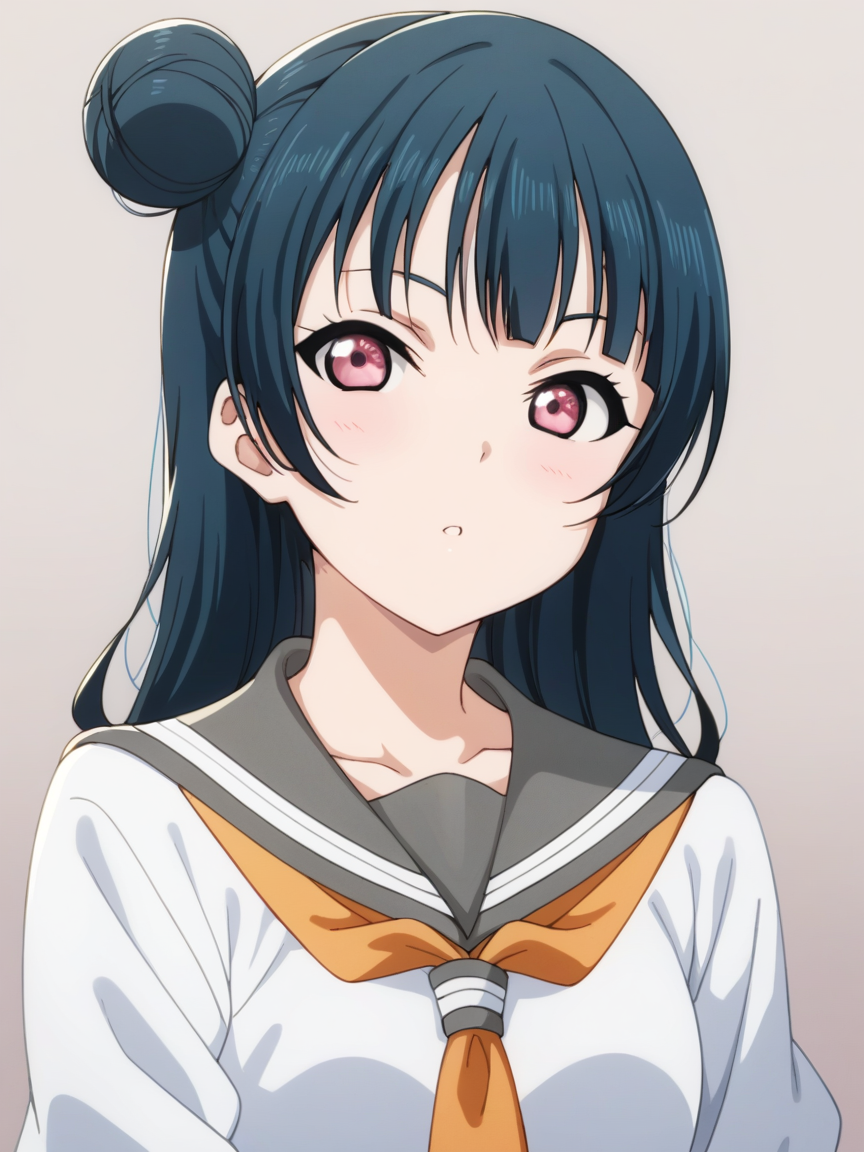 score_8_up,score_7_up, solo focus, 1girls, source_anime,
tsushima yoshiko, blue hair, pink eyes, long hair, single side hairbun,
uranohoshi school uniform, serafuku, white shirt, neckerchief, grey dress,
simple background, gradient background, <lora:yoshiriko-sdxl:1>