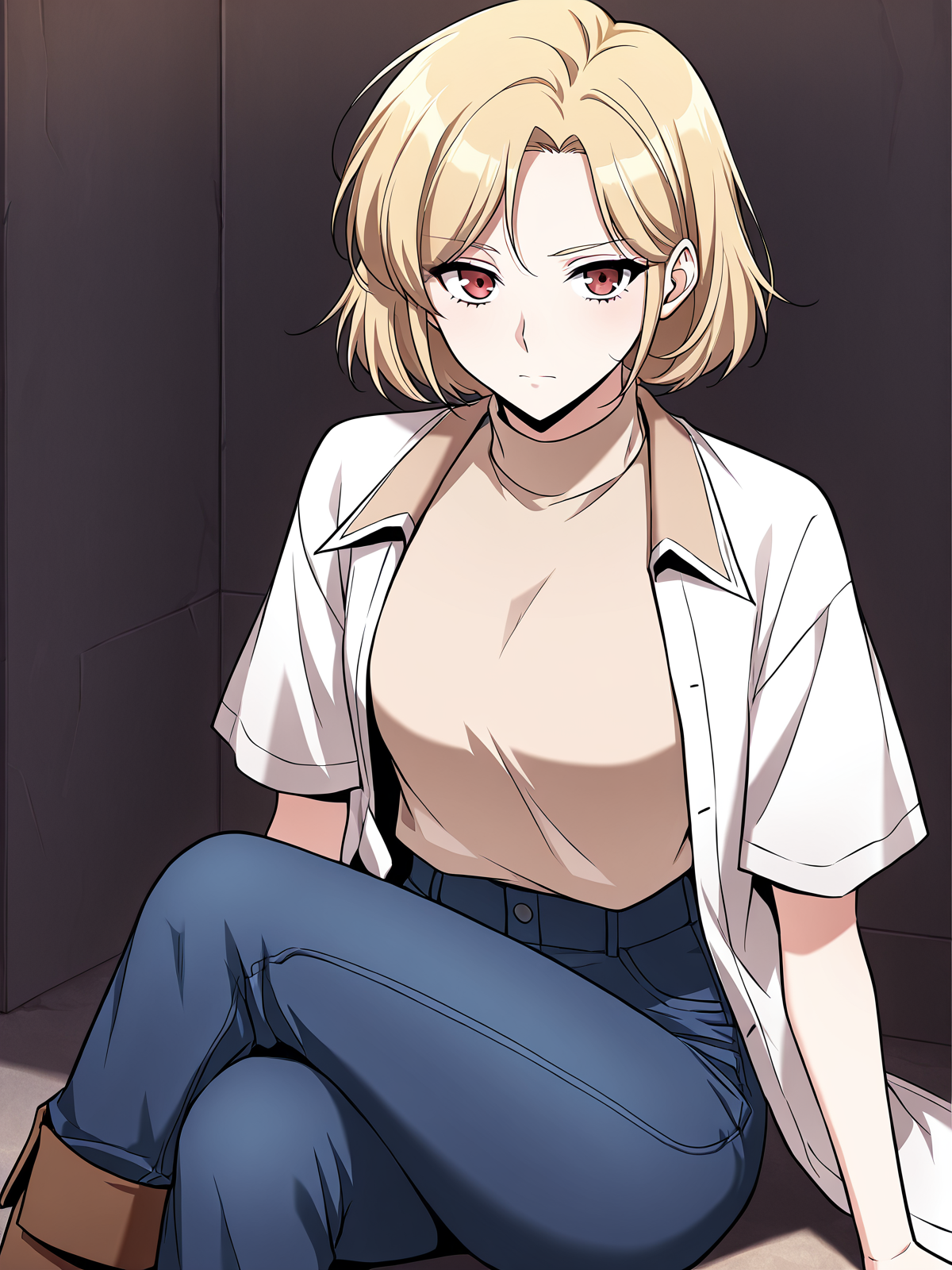 <lora:Omniscient_Readers_Viewpoint__Shin_Yoosung:1>
1girl, solo, short hair, blonde hair, soft expression, light skin,  red brown eyes,
white short-sleeve shirt, beige turtleneck sweater, dark blue jeans, brown boots, layered outfit, modern clothes, 
(Anime_source),Masterpiece,(perfect female body:1.2), small waist,(incredibly detailed:1.4), looking at viewer, sitting, crossed legs,
