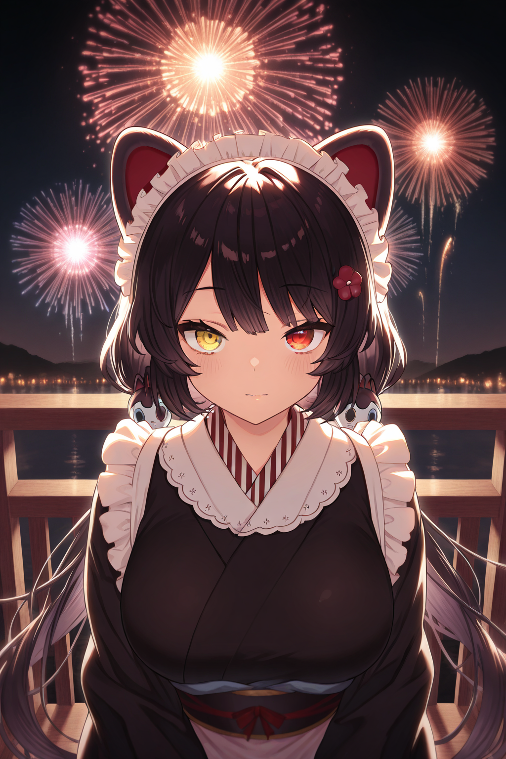 1girl, InuiTokoNijisanji, 
general, solo, straight-on, dating,
black hair, low twintails, hair ornament, hair flower,
yellow eyes, heterochromia, red eyes,
looking at viewer,
black kimono, maid apron,
large breasts, 
night, firework background, 
<lora:kp_InuiTokoNijisanjiIllustrious_v1_0:1.0>,
masterpiece, best quality, amazing quality