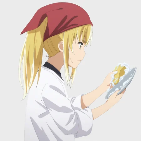 sharp focus, masterpiece, source_anime, (anime_screencap:1.2), absurd res, best quality, BREAK
<lora:Anzu_hinamatsuri_IL_v0.8:1>, anzu_il, anzu_ver2, 1girl, solo, blonde_hair, bangs, hair_between_eyes, back_hair, yellow_eyes, white_sleeved_tunic, red_headscarf, neck_hair, washing_dishes, holding_plate_and_sponge, simple background