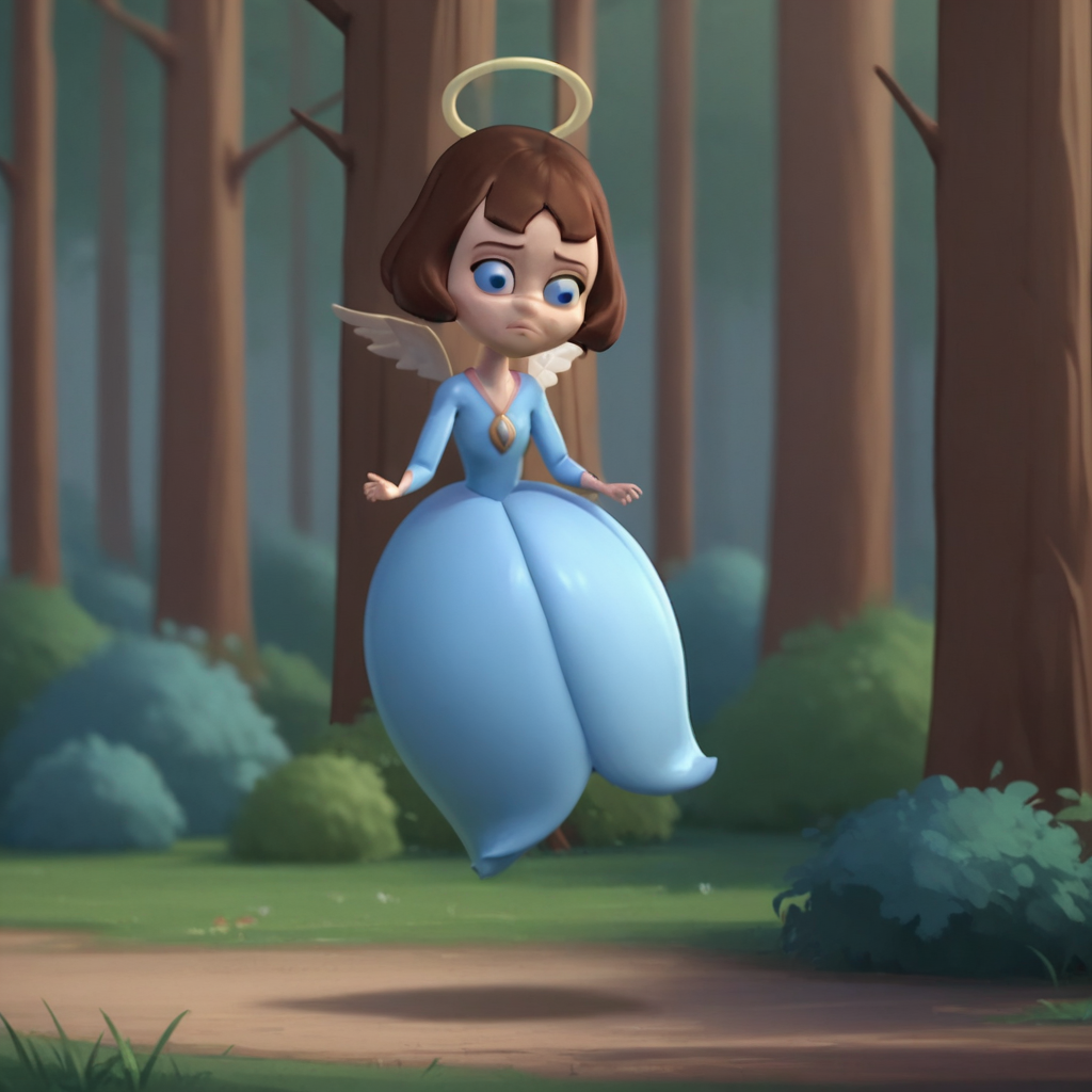 Ugly score_9_up, score_8_up, score_7_up, BREAK, hopevt, 1girl, solo, brown hair, short hair, blue eyes, halo, blue dress, wings, full body,  forest,  <lora:Hope_VeggieTales_PXL_Leaf1:0.8>, depth of field,