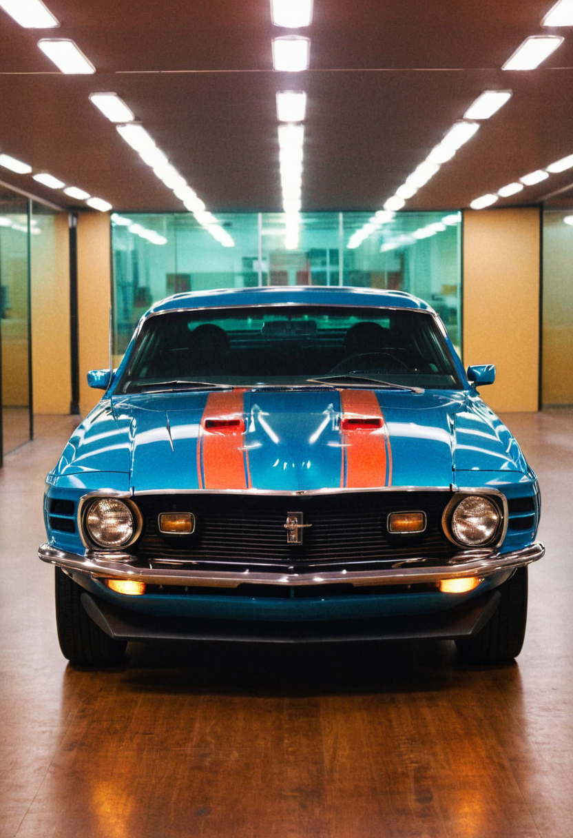 VintageMuscleCar gleaming Ford Mustang indoors, symmetrical front view, bright headlights, neon lights, glass background, light reflections, 4K, highly detailed, (stylish grainy analog film photo 35mm vintage Kodachrome)