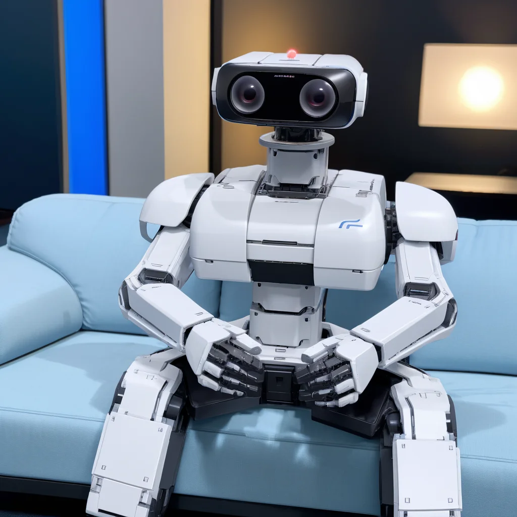 <lora:ROBXL:0.5> black robot robxl wearing white jacket with high collar,Playstation 5, on light blue couch, (anime, masterpiece, intricate:1.3), (best quality, hires textures, high detail:1.2), (4k),(incredibly detailed:1.4),UHD, 8K, ultra detailed