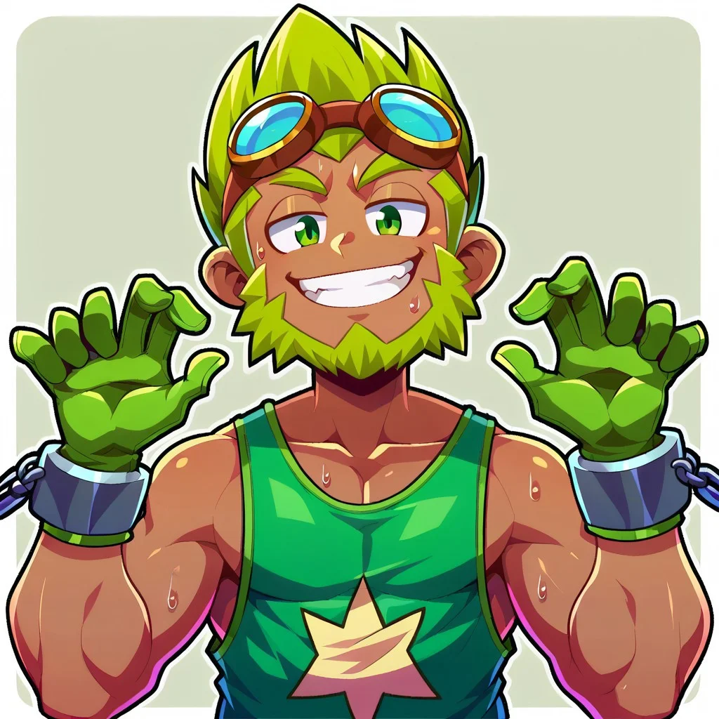 score_9, score_8_up, WakfuMMOArt, half body, medium shot, cartoony, 2d, highres, solo, 1boy, male focus, goggles, sweat, upper body, chain, outline, teeth, simple background, gloves, smile, green hair, green beard, green face, no nose, goggles on head, straight-on, grin, tank top, white outline, dark-skinned male, hands up, looking at viewer, cropped torso, Male Sadida,