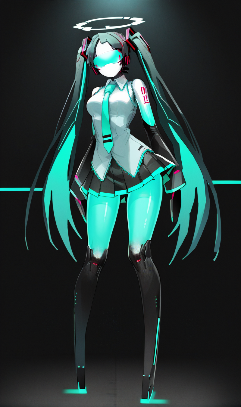 Score_9, score_8_up, score_7_up, score_6_up,  source_anime, 1girl, solo, full body, black backdrop, robot girl,  neon trim, glowing teal bodysuit, halftones, medium breasts, halo, glowing visor,  <lora:HORiZON_DOLLS_by_EchanisEnicha-000010:1>, BREAK, hatsune miku, tie, skirt