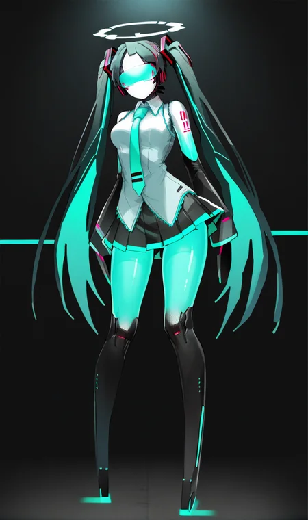 Score_9, score_8_up, score_7_up, score_6_up, source_anime, 1girl, solo, full body, black backdrop, robot girl, neon trim, glowing teal bodysuit, halftones, medium breasts, halo, glowing visor, <lora:HORiZON_DOLLS_by_EchanisEnicha-000010:1>, BREAK, hatsune miku, tie, skirt