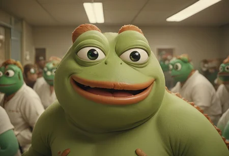 cinematic, a pepe_frog chonkasaurus, (10chonkasaurus crowd), desaturised colours, in a sterile room, <lora:chonkasaurus-000003:1>