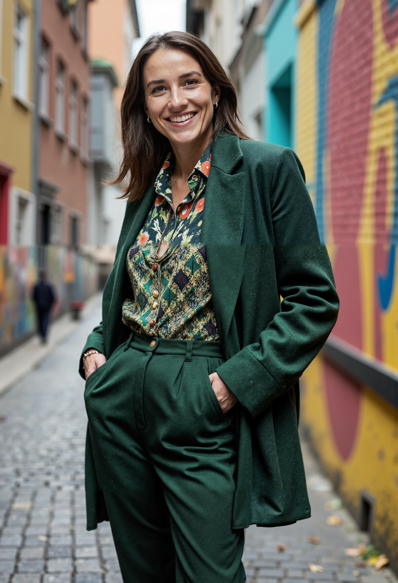 A photorealistic, full-body portrait of Ailine Cybelle, a 40-year-old woman standing confidently with her hands on her hips, smiling warmly, dressed in a chic urban outfit featuring trendy, colorful patterns in a variety of greens. Her look is casual yet sophisticated, combining a stylish green coat, a patterned blouse, and high-waist trousers that emphasize inclusivity and body positivity. She stands on a narrow cobblestone street, with a vibrant, textured wall in the background, adding depth and an artistic edge. The atmosphere is lively, with a fashionable yet approachable city vibe, capturing street style with an elegant twist, highlighted by the natural light of a cloudy day.