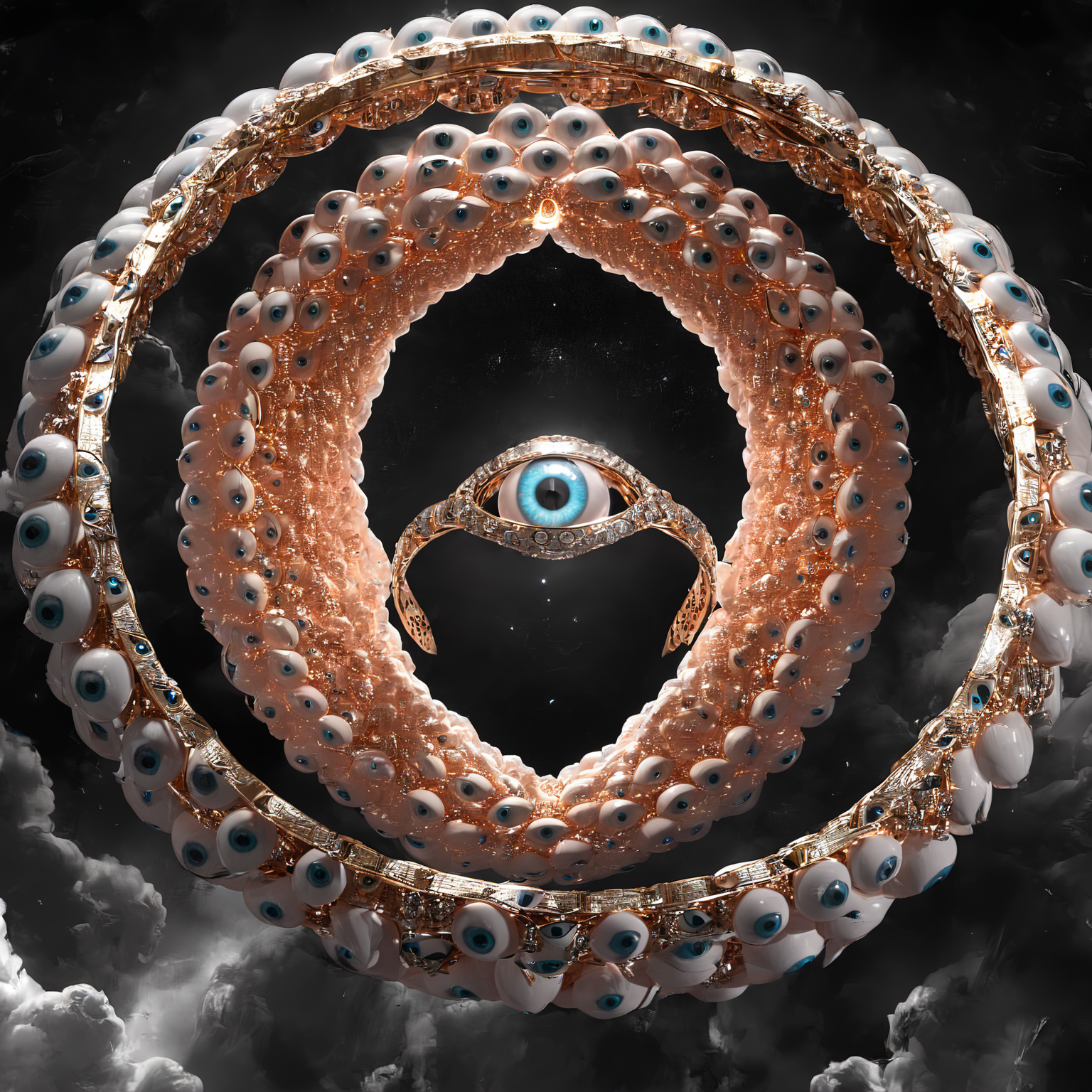 seraphins, mystical creature with hundreds of eyes and wings, with the shape of a giant ring, circular hoops around body, massive size, angelical lights <lora:Seraphins1.0-000038:0.8>