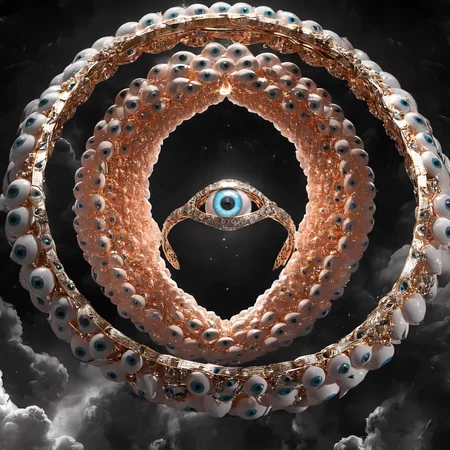 seraphins, mystical creature with hundreds of eyes and wings, with the shape of a giant ring, circular hoops around body, massive size, angelical lights <lora:Seraphins1.0-000038:0.8>