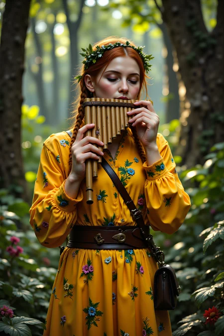 a woman with ginger hair and braid wearing yellow flower dress and green headband with a bag, in a forest, ,playing glass panflute , detailed background Fantastic lighting. Detailed shadows.intricate details, vivid colors, hyper-detailed, ultra-sharp, <lora:PANFLUTE_FLUX>, <lora:FluxMythR3alisticF><lora:PCB_Image_Enhancer_for_FLUX:0.35>