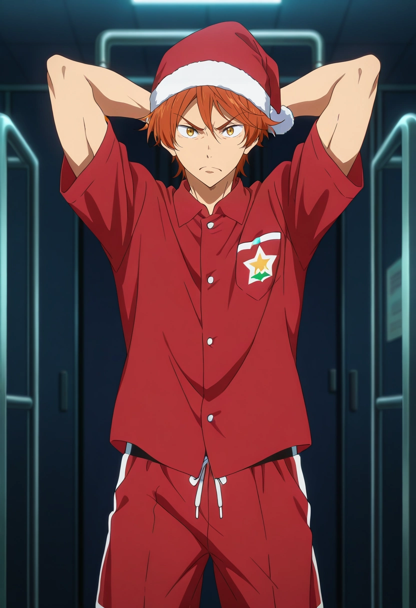 masterpiece, best quality, intricate details, anime screencap, anime coloring, official style, looking at viewer, 1boy, solo, male focus, <lora:momotarou_mikoshiba_ilxl:0.98>, momotarou_mikoshiba, orange hair, yellow eyes, straight-on, hospital, dark, arms behind head, angry, Running shorts, Fuchsia Batik Chambray shirt, , Santa Claus hat, and