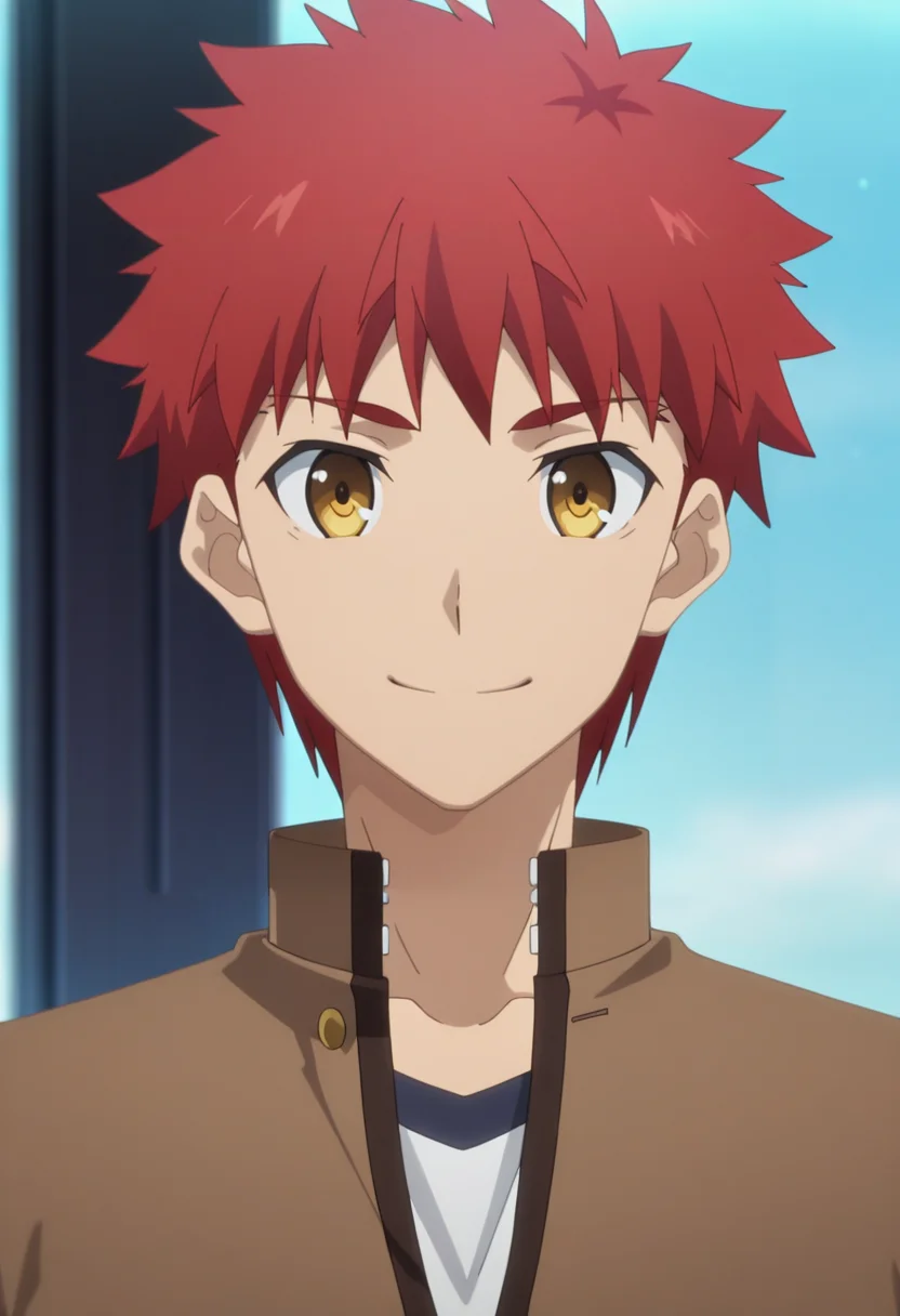 masterpiece, best quality, amazing quality,high resolution, intricate details,depth of field, anime screencap , , , 1boy, solo, male focus, <lora:Shirou_Emiya:0.75>, shirou emiya, red hair, yellow eyes, short hair, smile, gakuran uniform, brown jacket, undershirt ,portrait , looking at viewer