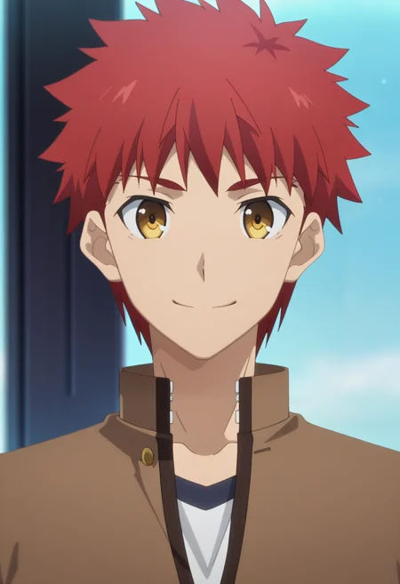 masterpiece, best quality, amazing quality,high resolution, intricate details,depth of field, anime screencap , , , 1boy, solo, male focus, <lora:Shirou_Emiya:0.75>, shirou emiya, red hair, yellow eyes, short hair, smile,  gakuran uniform, brown jacket, undershirt ,portrait , looking at viewer