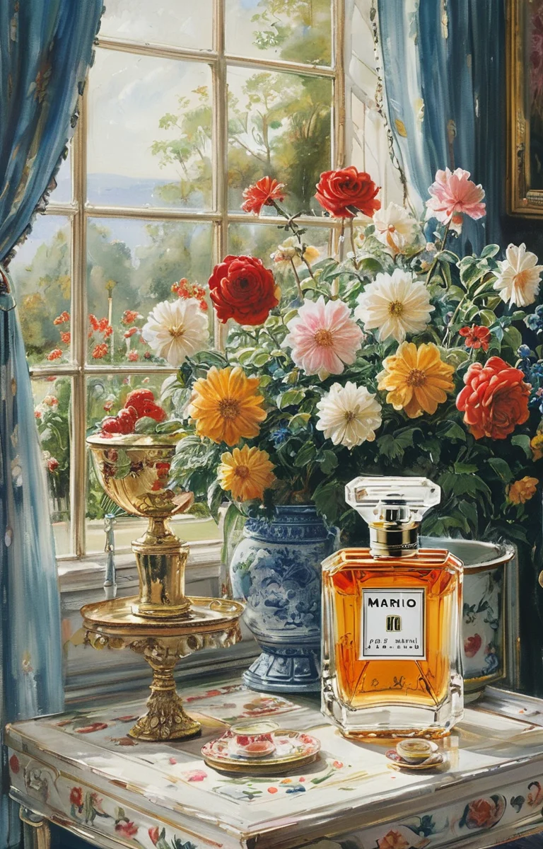 masterpiece,best quality,<lora:tbh343-sdxl:0.75>,illustration,style of Mario Buatta A bottle of perfume in garden