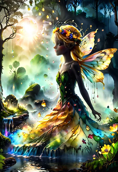 A vibrant and enchanting close up head shot photo of a silhouette of a cute and happy young fairy girl with freckles and flowing blonde hair and a flower crown with transparent crystal sparkling wings, sitting on a foggy riverbank by a waterfall in a dark eerie misty magical forest on the summer solstice. shallow depth of field, realistic, skin pores, imperfections. She is looking at friendly bioluminescent fairies, fireflies and woodland creatures, with the sun setting in the background, casting a golden glow over the scene. The lush greenery and colorful white flowers make the image lively and captivating, perfect for celebrating a summer birthday. whimsical, magical, mysterious, mesmerising, alcohol inks, reflections