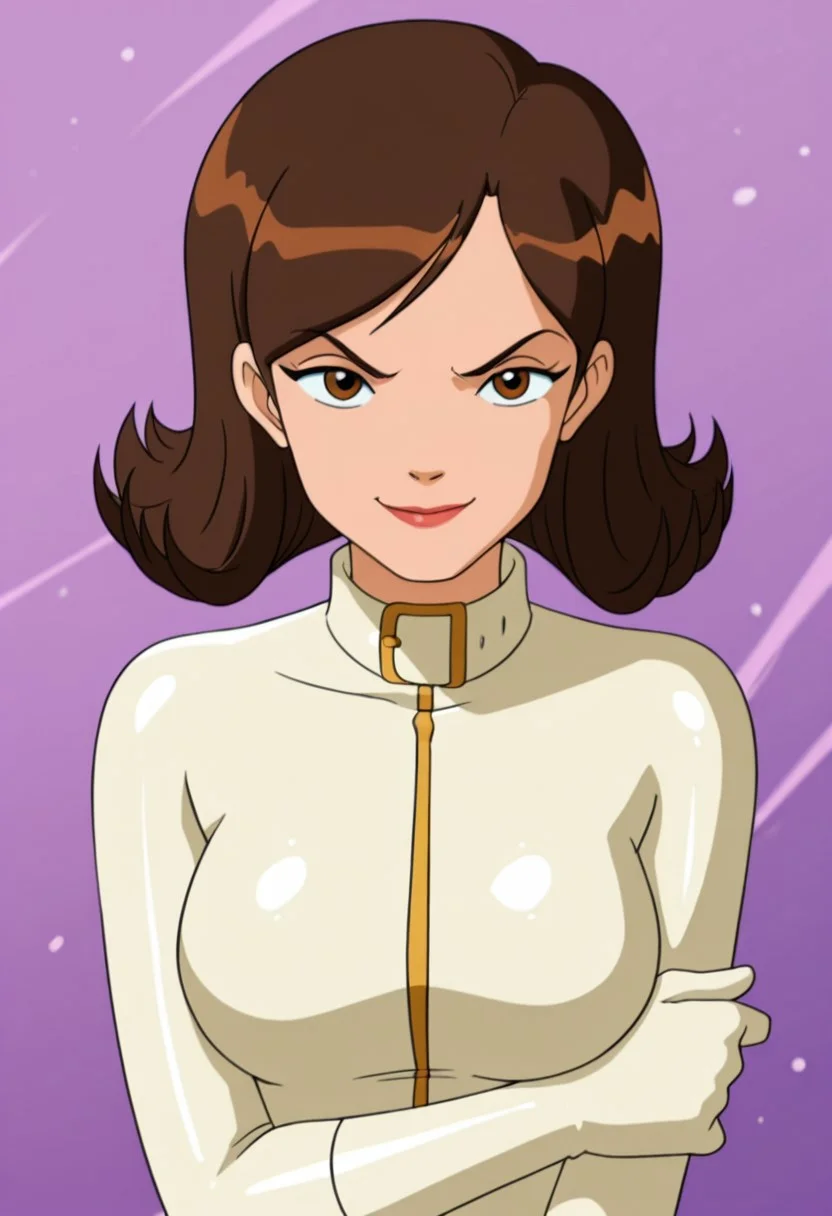 masterpiece, best quality, good quality, 1girl, solo, cartoon, parody, official style, geraldine_totally_spies, brown eyes, brown hair, short hair, white bodysuit, sexy, large breasts, beautiful, detailed, high detailed, very beautiful, detailed face, detailed eyes, detailed hand, abstract background, smile, smirk, looking at viewer, face focus
