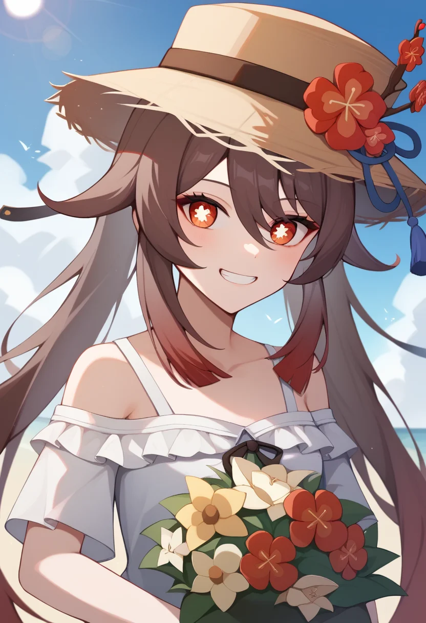 score_9,score_8_up,score_7_up,<lora:hu_tao_(genshin_impact)_pony:1>,hat_flower, 1girl, highres, short_sleeves, upper_body, grin, from_side, straw_hat, sun_hat, holding_bouquet, white_ribbon, hu_tao_\(genshin_impact\), solo, outdoors, day, hat_ribbon, white_flower, off-shoulder_shirt, brown_hat, white_shirt