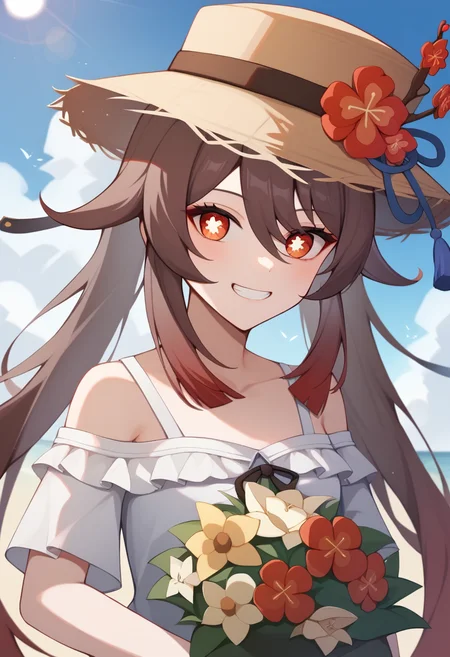 score_9,score_8_up,score_7_up,<lora:hu_tao_(genshin_impact)_pony:1>,hat_flower, 1girl, highres, short_sleeves, upper_body, grin, from_side, straw_hat, sun_hat, holding_bouquet, white_ribbon, hu_tao_\(genshin_impact\), solo, outdoors, day, hat_ribbon, white_flower, off-shoulder_shirt, brown_hat, white_shirt