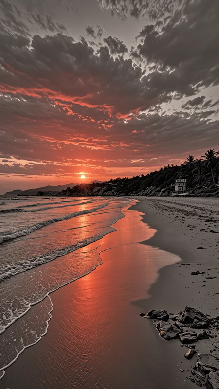 A view across a beautiful beach with a Red Sunset, (detailed), (HDR), (8K), (best quality), (best resolution), maximalist, (masterpiece), rough lines, by pencil and ink, crosshatching, Painstaking Attention To Detail, <lora:Black__White_One_Accent_Color_-_By_Dice:1>, (Black and white image, Red Accent), (Use Dream Diffusion Secret Prompt),