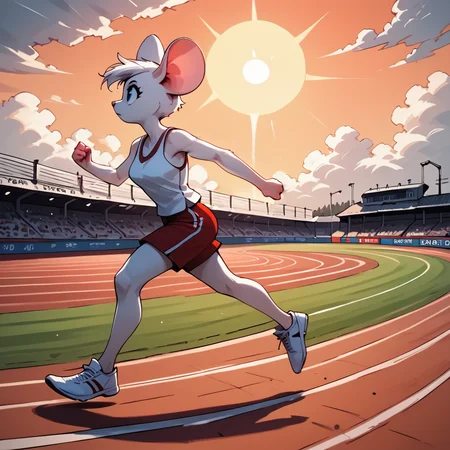 <lora:BeckieMouse_1G:0.8> white anthro mouse, B3ck13M0us3, full body, solo, 1girl, closed fists, perfect hands, detailed hands, running, track, sun, clouds, white tank top, red shorts, white shoes, profile, <lora:hand 4:1.0> hand person,