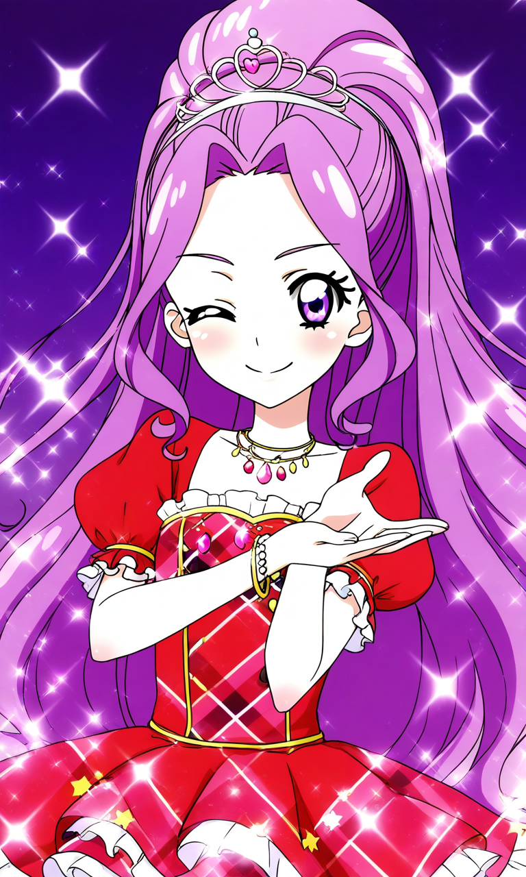 general,highres, ultra-detailed,very aesthetic,best quality ,best hands, BREAK <lora:Kanzaki_Mizuki_aikatsu!_IS:1>
kanzaki_mizuki(aikatsu!), 1girl, solo, purple hair, purple eyes, long hair, ponytail, high ponytail, hairband, very long hair,
one eye closed, smile, red dress, jewelry, purple background, necklace, star (symbol), looking at viewer, ;), bracelet, tiara, argyle, gradient background, gradient, plaid, frills,
sparkle, reaching,