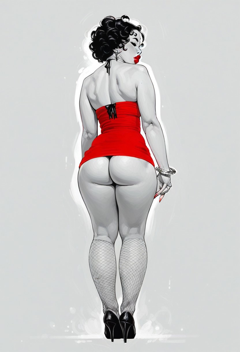 score_9, score_8_up, score_7_up, 1girl,  narrow waist, seductive expression, thick lips, athletic, toned thighs,  arched back,  dark eyes, from behind, ass,
/, monochrome background, thigh gap, 
/, standing, in city, 
/, BettyB00p, Red Dress, fishnets, high heels, curly hair, jewellery,