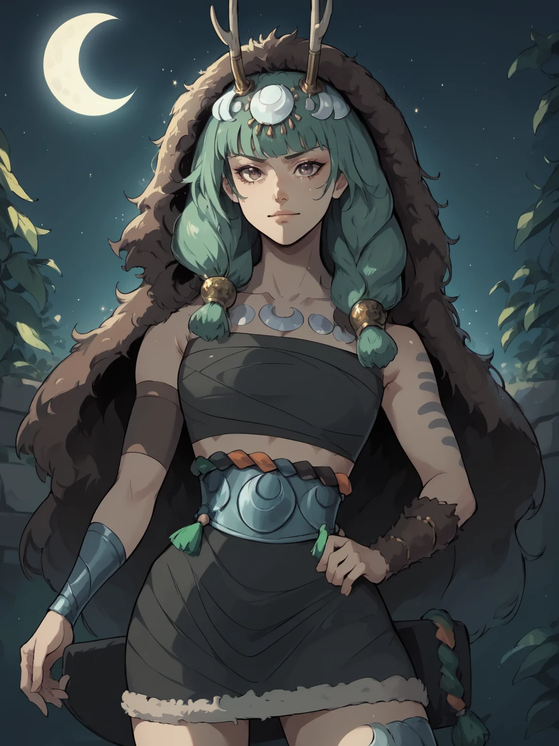 score_9, score_8_up, score_7_up, , source_anime BREAK
1igrl, cowboy shot, , artemisHades2, ,coat, tube top, necklace, skirt, <lora:artemisHades2Pony:1>,
, moonlight, particles, night, dark scene, cel shading, linear hatching,