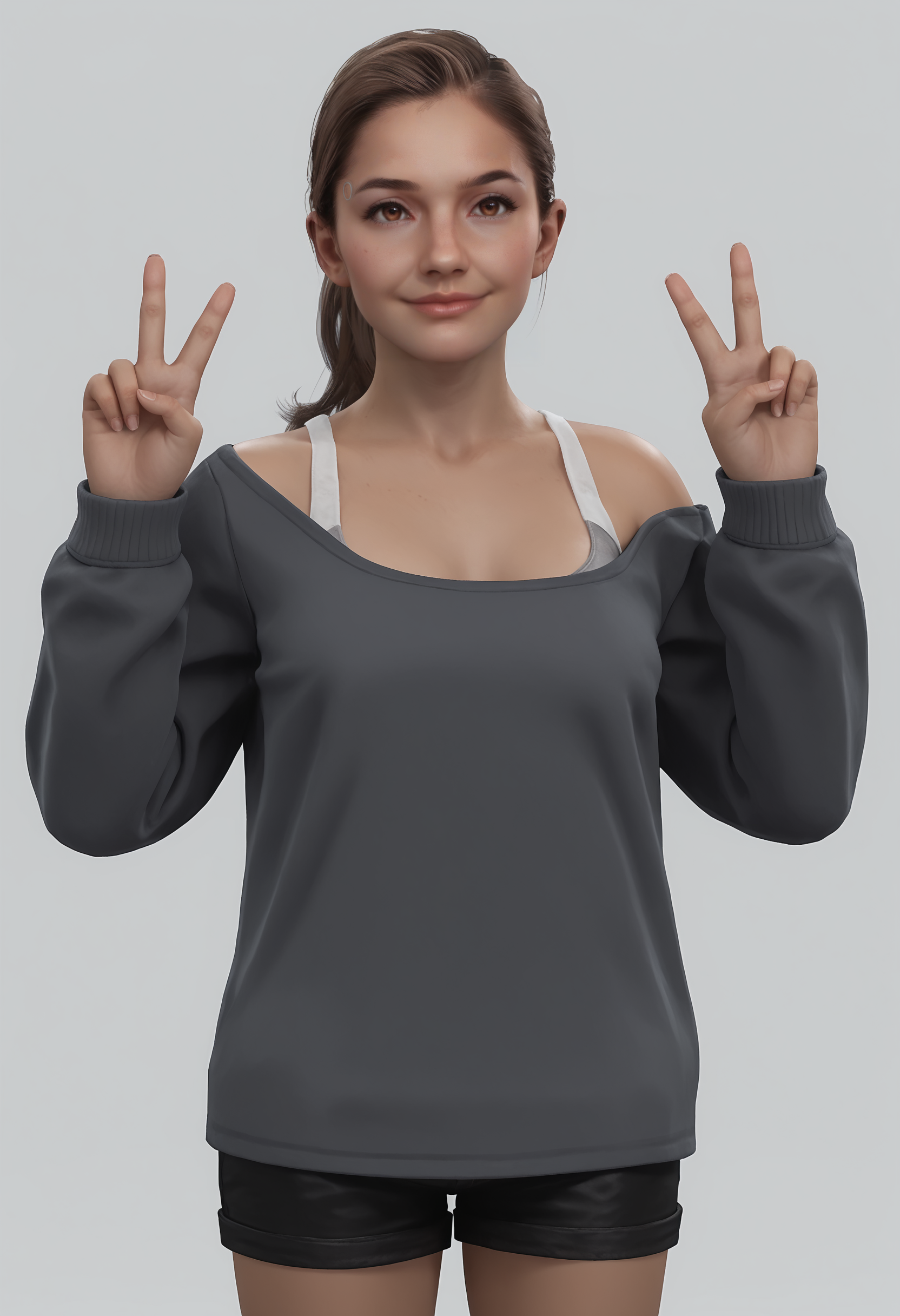 score_9, score_8_up, score_7_up, score_6_up, score_5_up, score_4_up, 1girl, <lora:NorthDBH:0.7> fnorth, brown hair, ponytail, brown eyes, lips, breasts, sweater, off shoulder, tank top, shorts, boots, full body, standing, smile, v sign, double v, looking at viewer,
light blue background, simple background,