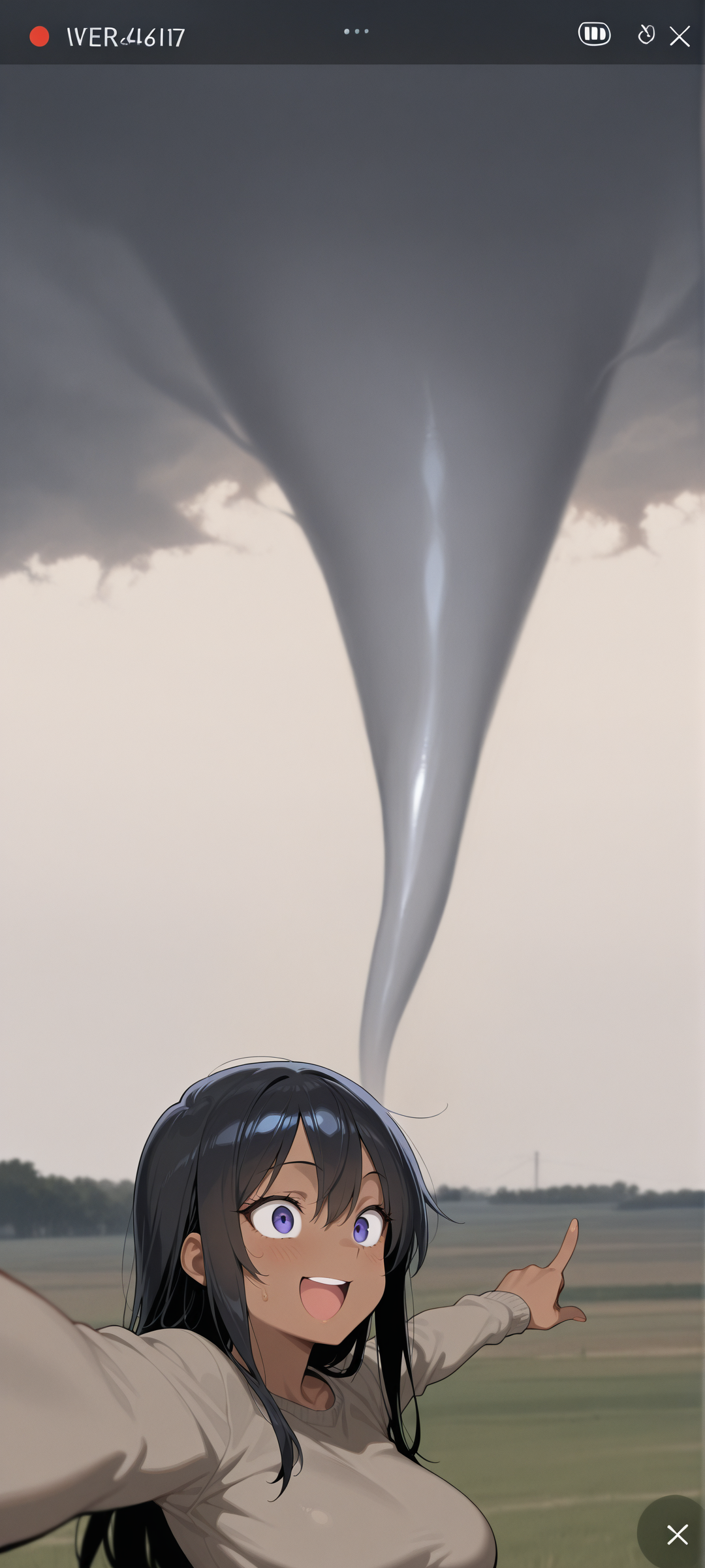 storm, supercell, tornado, (1girl, dark skin:1.2), excited, selfie, pointing behind, masterpiece, best quality, amazing quality, <lora:Tornado_LoRA:1>