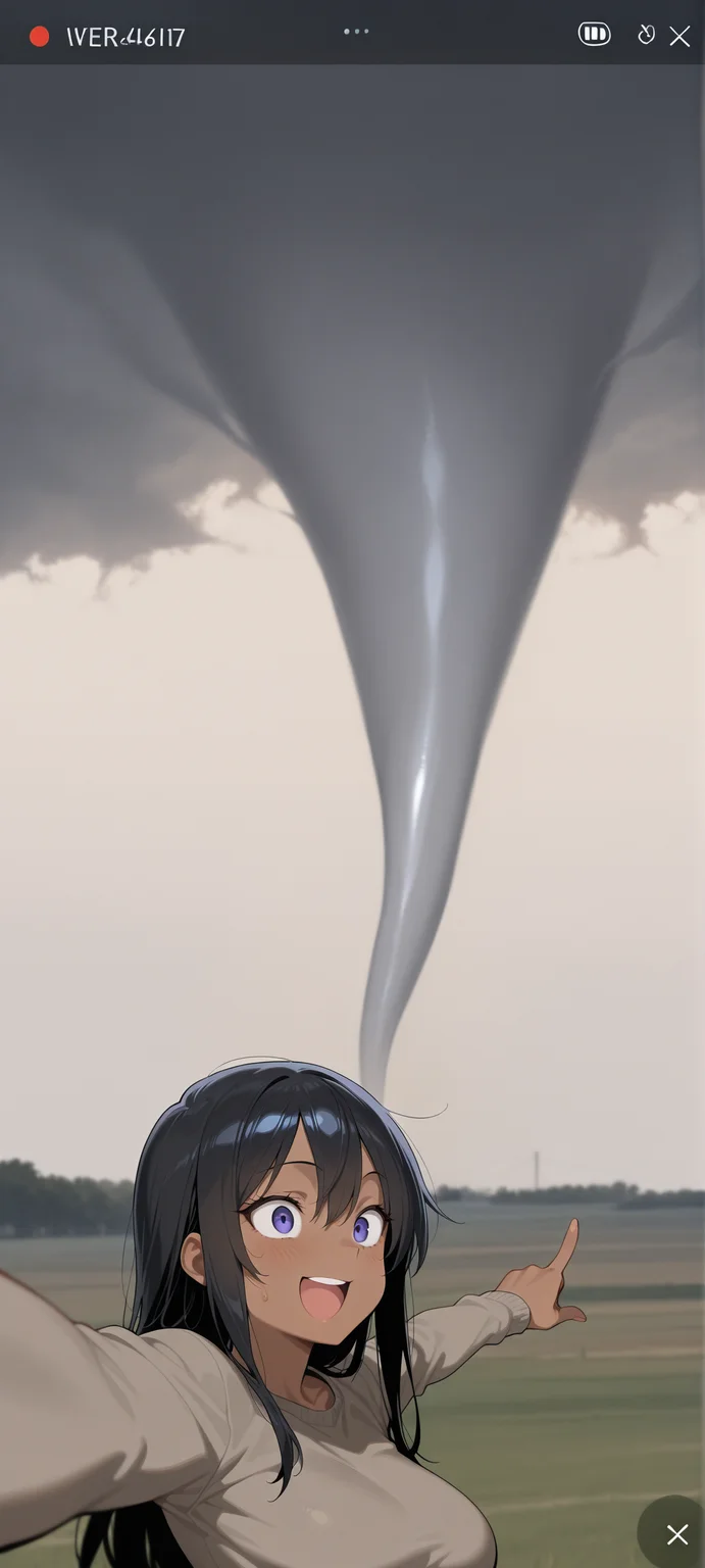 storm, supercell, tornado, (1girl, dark skin:1.2), excited, selfie, pointing behind, masterpiece, best quality, amazing quality, <lora:Tornado_LoRA:1>