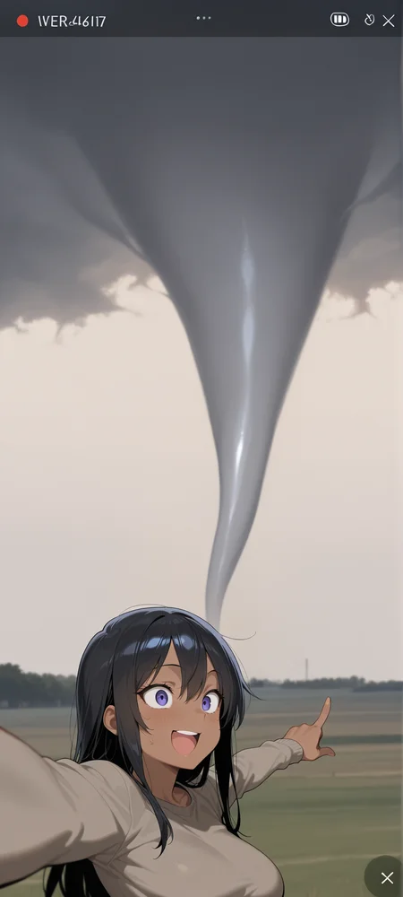 storm, supercell, tornado, (1girl, dark skin:1.2), excited, selfie, pointing behind, masterpiece, best quality, amazing quality, <lora:Tornado_LoRA:1>