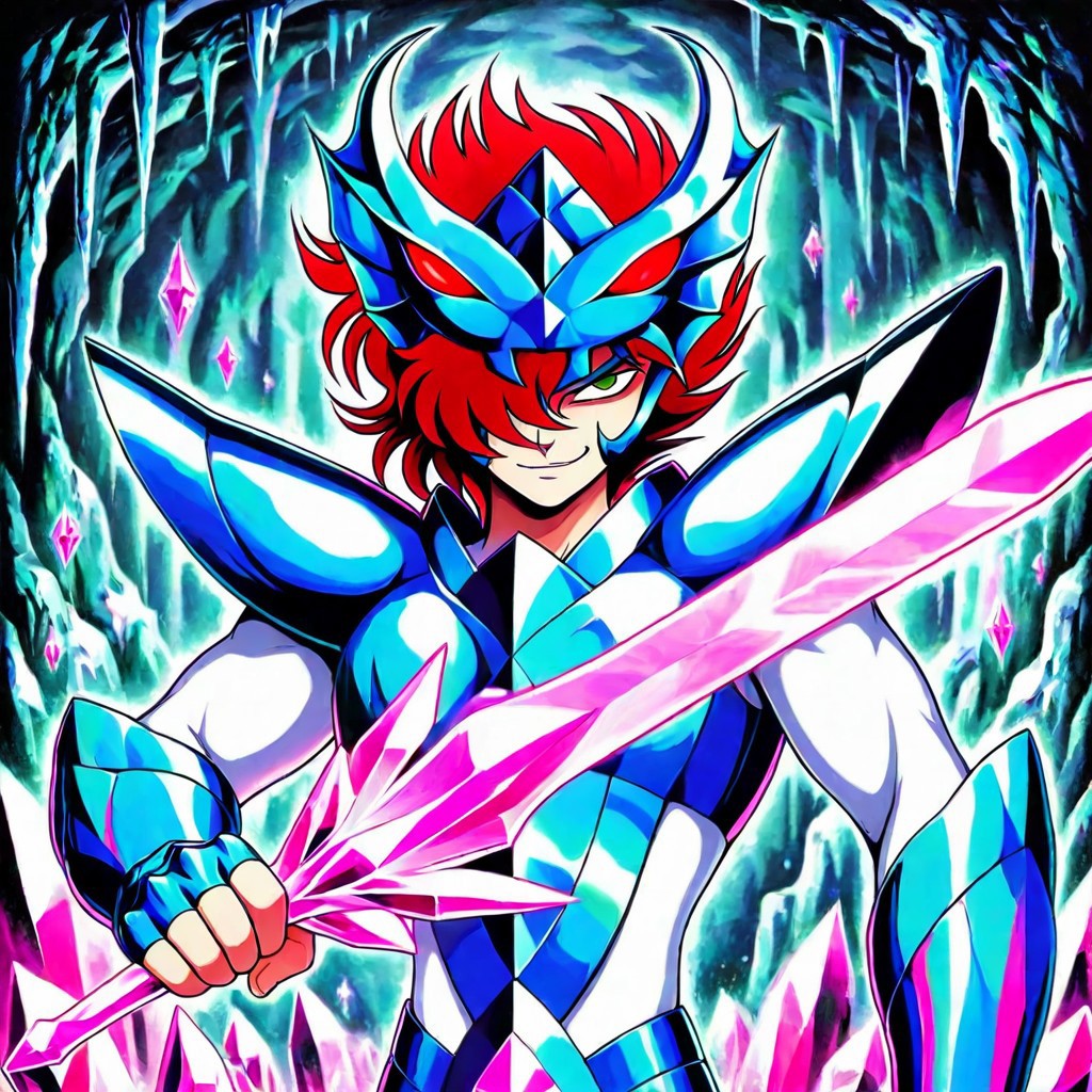 masterpiece,best quality,amazing quality, stalac, traditional media, SSALBE, 1boy, male focus, wavy hair, short hair, pink-red hair, hair over one eye, green eyes, megrez forehead protector (red eyes), megrez armor, teal pauldrons, teal breastplate, white bodysuit, teal fingerless gauntlets, solo, holding pink crystal sword, one-handed sword, crystal cave background, smirk, evil smile, upper body