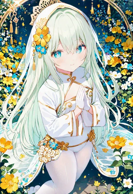 Best quality, masterpiece, fantasy flower garden, view from above, one petit priestess girl with flat chest, shining hands bound in prayer, standing upright, detailed light green long loose hair, priestess' veil, cute smooth face, gentle smile, detailed light blue eyes, detailed make up, jewelry, pure white clothes, shawl, white turtleneck leotard with long sleeves and gloves, slim waist, slim belly, thick clavicle, micro skirt, thick hips, thick thighs, white tights, heels