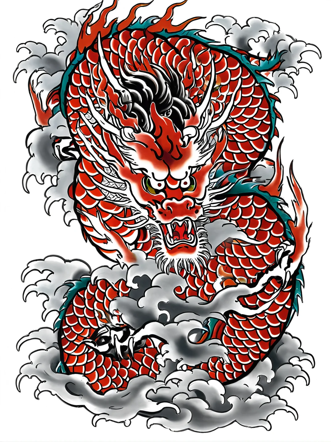 best quality, masterpiece,TBD,tattoo, a chinese dragon with fire, white background,cloud,wave, <lora:TBD-000008:0.8>