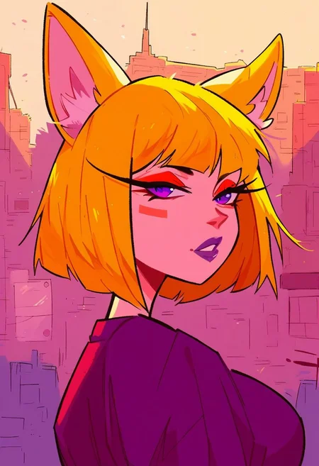 score_9, score_8_up, score_7_up, solo, 1girl, blonde hair, bob cut, (fennec ears), red eyeshadow, purple eyes, purple lips, large breasts, purple kimono, fox tail, urban, outdoors, portrait, upperbody, dijor,