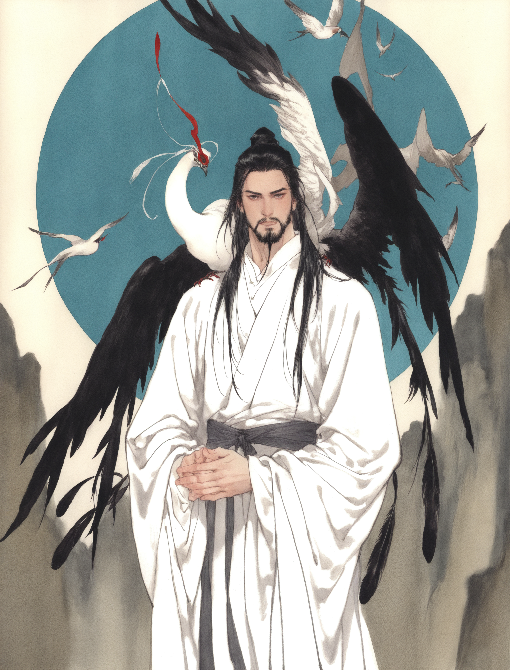 solo, long hair, looking at viewer, black hair, long sleeves, 1male, male focus, wings, facial hair, bird, animal, chinese clothes, own hands together, feathers, feathered wings, beard, robe, animal on shoulder, white robe, bird on shoulder, traditional media
masterpiece, absurdres,
<lora:freehandink_V1:1>