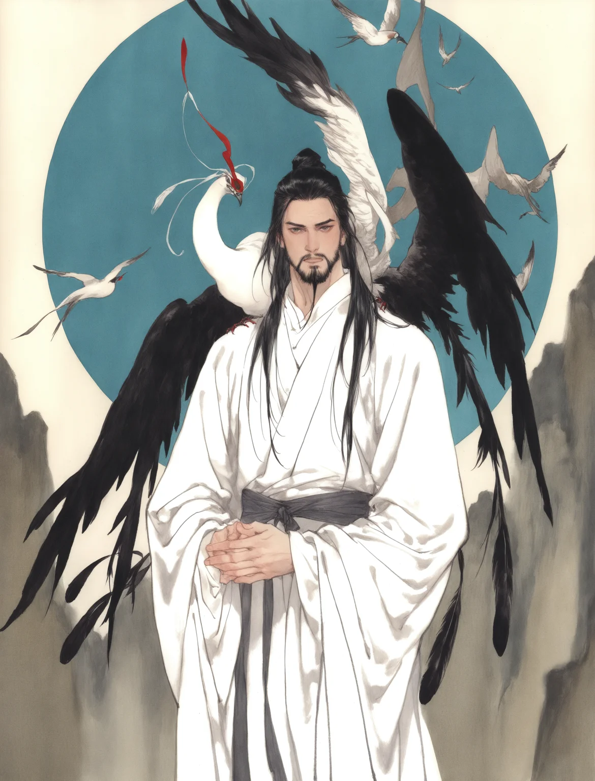 solo, long hair, looking at viewer, black hair, long sleeves, 1male, male focus, wings, facial hair, bird, animal, chinese clothes, own hands together, feathers, feathered wings, beard, robe, animal on shoulder, white robe, bird on shoulder, traditional media
masterpiece, absurdres,
<lora:freehandink_V1:1>
