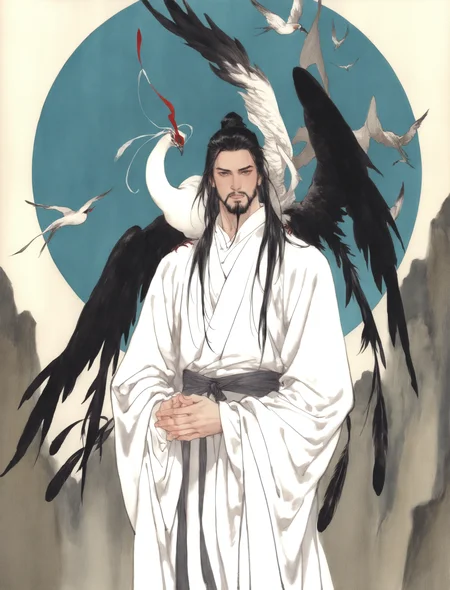 solo, long hair, looking at viewer, black hair, long sleeves, 1male, male focus, wings, facial hair, bird, animal, chinese clothes, own hands together, feathers, feathered wings, beard, robe, animal on shoulder, white robe, bird on shoulder, traditional media
masterpiece, absurdres,
<lora:freehandink_V1:1>