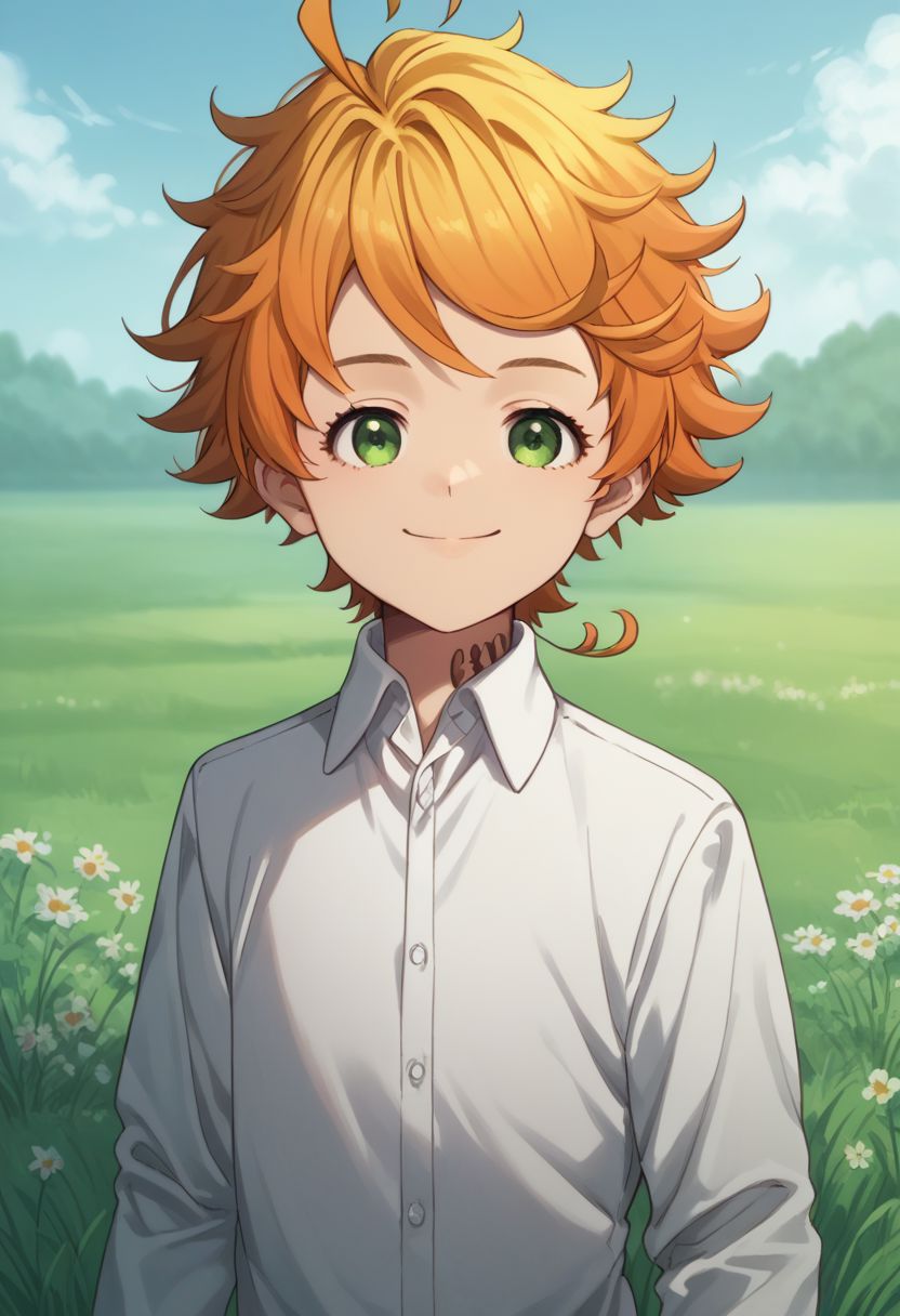 score_9, score_8_up, score_7_up, source_anime, highly detailed, 
emma, 1girl, shirt, green eyes, short hair, white shirt, orange hair, ahoge, solo, number tattoo, long sleeves, upper body, closed mouth, collared shirt, neck tattoo,  smile,
outdoor, grass, sky,