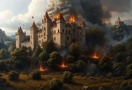 A Gothic castle with spires that reach towards the clouds, surrounded by a dark and mysterious forest,, Spotlighting, besieged by army, fires burning, soldiers storming ramparts, castle on fire, archers shooting arrows, battle raging, ambient occlusion, 8K, RTX 3090, trending on artstation, lumens <lora:SDXLFaeTastic2400:0.8> <lora:EnvyFeverDreamXL01a:0.7> <lora:The_Classic:0.8>