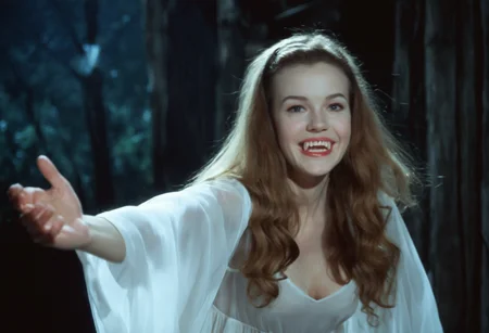 cinematic (close-up:1.2) of pretty slender young vampire woman standing with arms open, wearing transparent white dress, pale skin, laughing showing (teeth and fangs:1.3), dark night, soft natural light, creepy atmosphere <lora:h4mm3r:0.8>