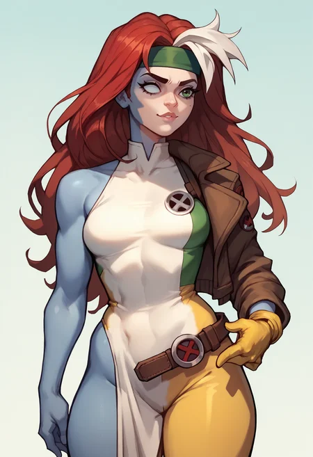 score_9,score_8_up,score_7_up, 1girl, solo, three-quarter portrait, cowboy shot, disguise
BREAK mystique \(marvel\), blue skin, colored skin, red hair, long hair, blank eyes, smirk, parted lips, (white leotard), pelvic curtain, bare shoulder, bare arms,
BREAK
BREAK <lora:rogue-guy-PONYv1:0.85>, DEFrogue, long hair, dyed bangs, headband, bodysuit,  jacket, yellow gloves, belt, looking at viewer,