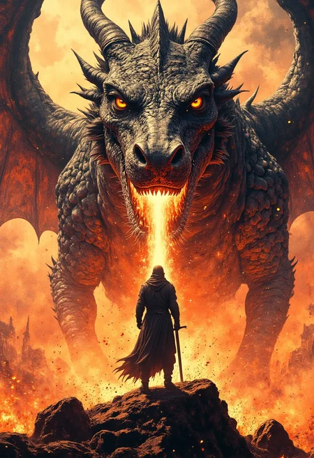 arafed image of a man holding a sword standing in front of a dragon, dragon in the background, d&d trending on artstation, epic dragon, charging through a dragons lair, hyperrealistic d & d fantasy art, ''dragon breathing fire, 4k fantasy art, wojtek fus, epic fantasy artwork, epic fantasy illustration, colossal dragon in background