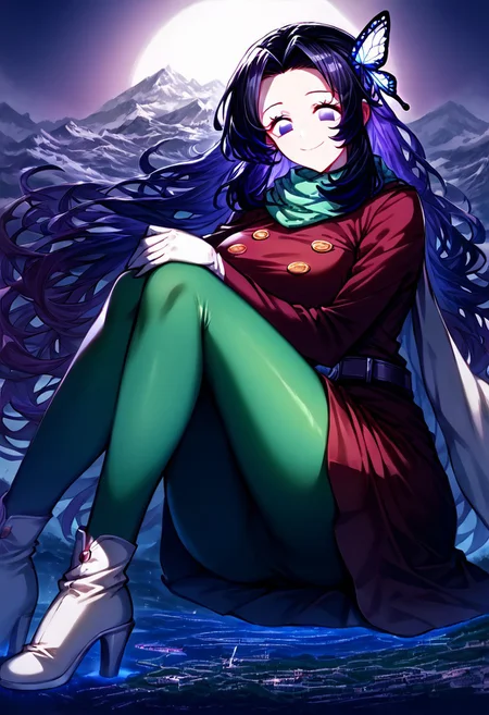 gorgeous lips, cinematic, (masterpiece), (best quality), (ultra-detailed), very aesthetic, perfect composition, intricate details, absurdres, detailed face, (anime, masterpiece, intricate:1.3), (best quality, hires textures, high detail:1.2), score_9, score_8_up, score_7_up, source_anime, 1girl, shinobu kochou, black hair, butterfly, butterfly hair ornament, forehead, gradient hair, hair ornament, multicolored hair, parted bangs, purple hair, long hair, two-tone hair, eyelashes, hair ornament, scarf, dress, red dress, long sleeves, buttons, gloves, white gloves, belt, pantyhose, green pantyhose, laced high heels, white footwear, skirt, flower patterns, alternate_costume, enormous breasts, facial expression, kind, soft eyes, head tilt, slightly smiling, closed mouth, goddess, planet size, giantess, growing even bigger, sitting on the ground, ruanyi0639,hugging own legs, hugging knees, floating object, gradient eyes, beautiful detailed eyes, city background, mountain landscape, city, mountain, super tall building, super tall skyscrapers, in the city, solo, holding planet, (masterpiece:1.4), (best quality:1.4), (ultra-detailed:1.2), gl0w, glow,