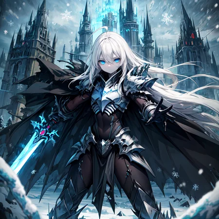 (masterpiece), 1girl, solo, blue eyes, ahoge, white hair, (absurdly long hair:1.2), flat chest, pale skin, hair between eyes, half-closed eyes,  expressionless, <lora:edg_DeathKnight:1>, edgDeathKnight, wearing edgDeathKnight armor, winter, snow, black cloak,  <lora:add_detail:1>,  <lora:r1ge - AnimeRage:0.2>, black castle, blizzard, ice, blue trim, mecha musume, fighting stance, holding sword, futuristic, glow, bodysuit, pelvic curtain

