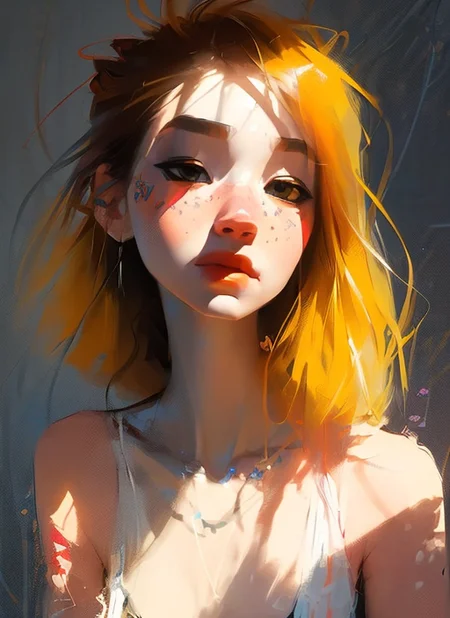samdoesarts; portrait of one, a young blonde woman, with colourful makeup, long hair with bangs, sternum lotus tattoo, by Jeremy Mann, matth�us merian the elder, Pino Daeni, robert rauschenber, by beksinski