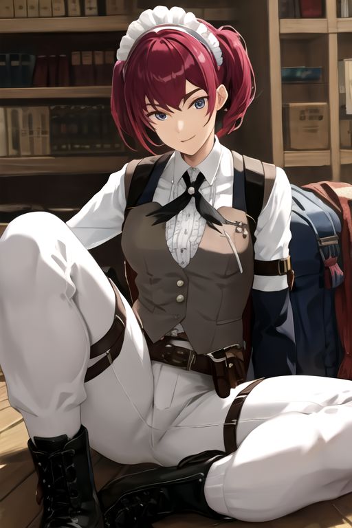 solo, 1girl, solo_focus, (((masterpiece))), ((best quality)), ((ultra-detailed)), ((too_many)):16, high resolution, absurdres, highres, ultra-detailed 8k unity wallpaper, 
kikunop3, maid headdress, vest, shirt, gloves, pants, boots, holster